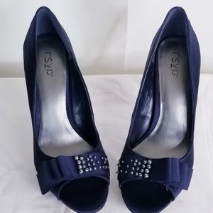 RSVP "Olive" Navy Satin Peep Toe Heels Women's Size 9M